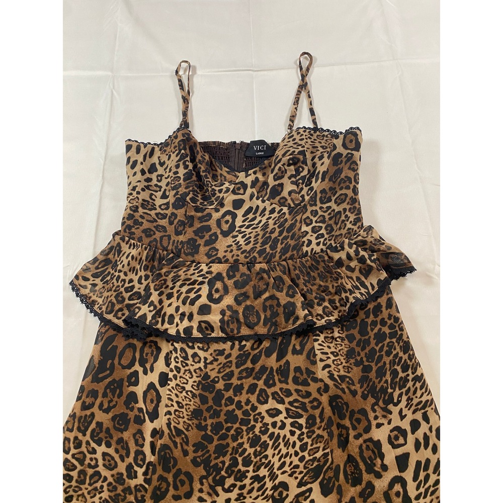 VICI Leopard Print Peplum Maxi Dress Brown Black Lace Trim  Large - Picture 7 of 12